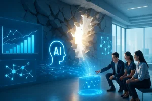 近未来的なオフィスで、AIが壁を打ち破り、ビジネスプロセスを革新する様子。ホログラムに浮かぶデータ分析とネットワーク図を前に、ビジネスマンとチームが協力し合う姿を描いたリアルなデジタルイメージ。
